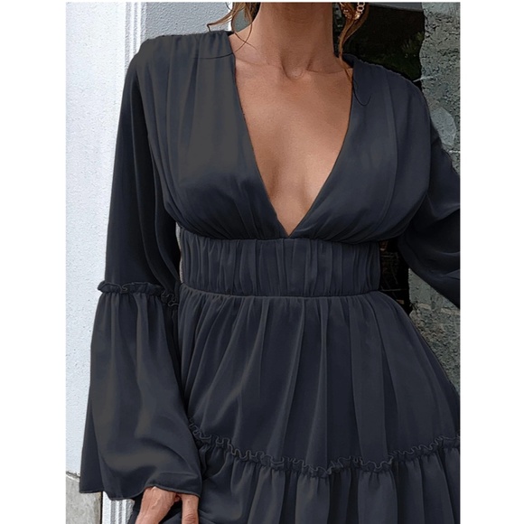 Black Boho Mini Dress Flounce Sleeves Deep V Neck - Picture 6 of 13
